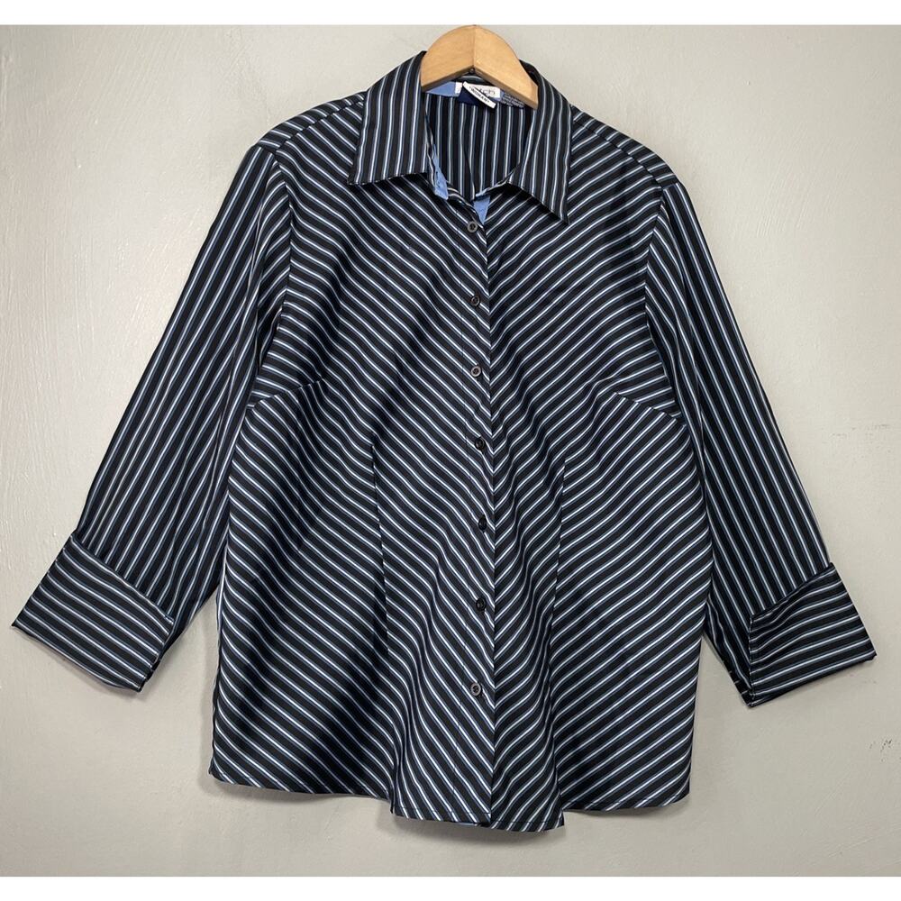 DCC Woman Button Up Shirt Size 1 4 16 Blue Black Striped Y2K Preppy Dark Career